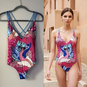 Paolita Colorful Peacock Print Strappy One Piece Swimsuit